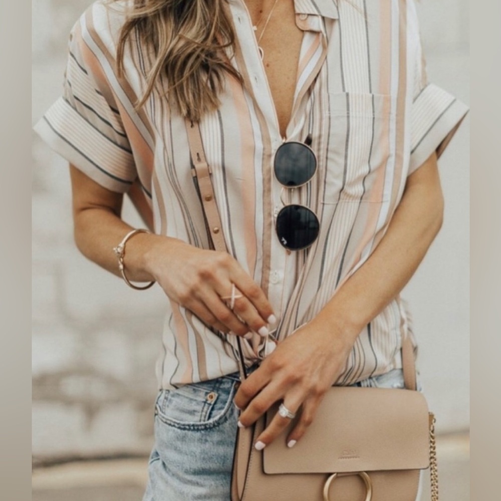 Madewell Courier Aldwin Striped Button Shirt Top,Color: Cream/Pink,Size:M